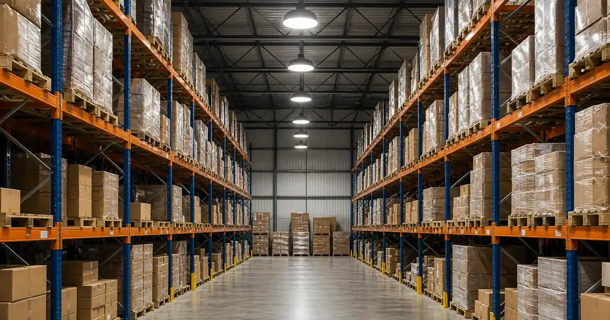 ภายในคลังสินค้าที่ใช้โคมไฮเบย์ LED แสงขาว ส่องชั้นวางและช่องทางเดิน